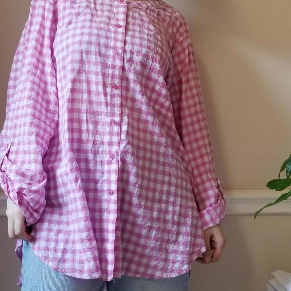 Pink Gingham Print Button Down Blouse - image 3